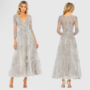NWT A20336 Mac Duggal Silver Embellished Wrap Over 3/4 Sleeve Tea Length Dress